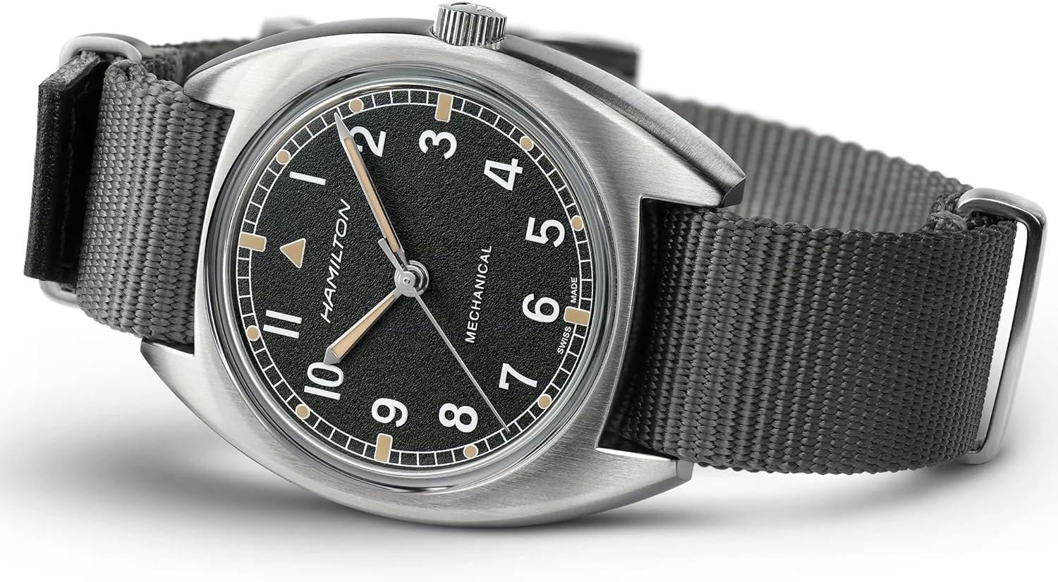 imageHamilton Khaki Aviation Pilot Mechanical Mens Watch 36mm x 33mm Stainless Steel Case Swiss Made Black Dial Analog Wrist Watch for Men 100m Waterproof Mineral Crystal Textile Strap