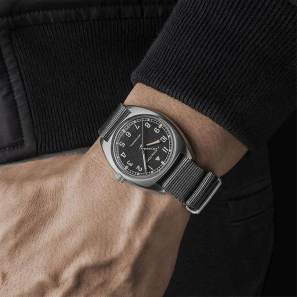 imageHamilton Khaki Aviation Pilot Mechanical Mens Watch 36mm x 33mm Stainless Steel Case Swiss Made Black Dial Analog Wrist Watch for Men 100m Waterproof Mineral Crystal Textile Strap