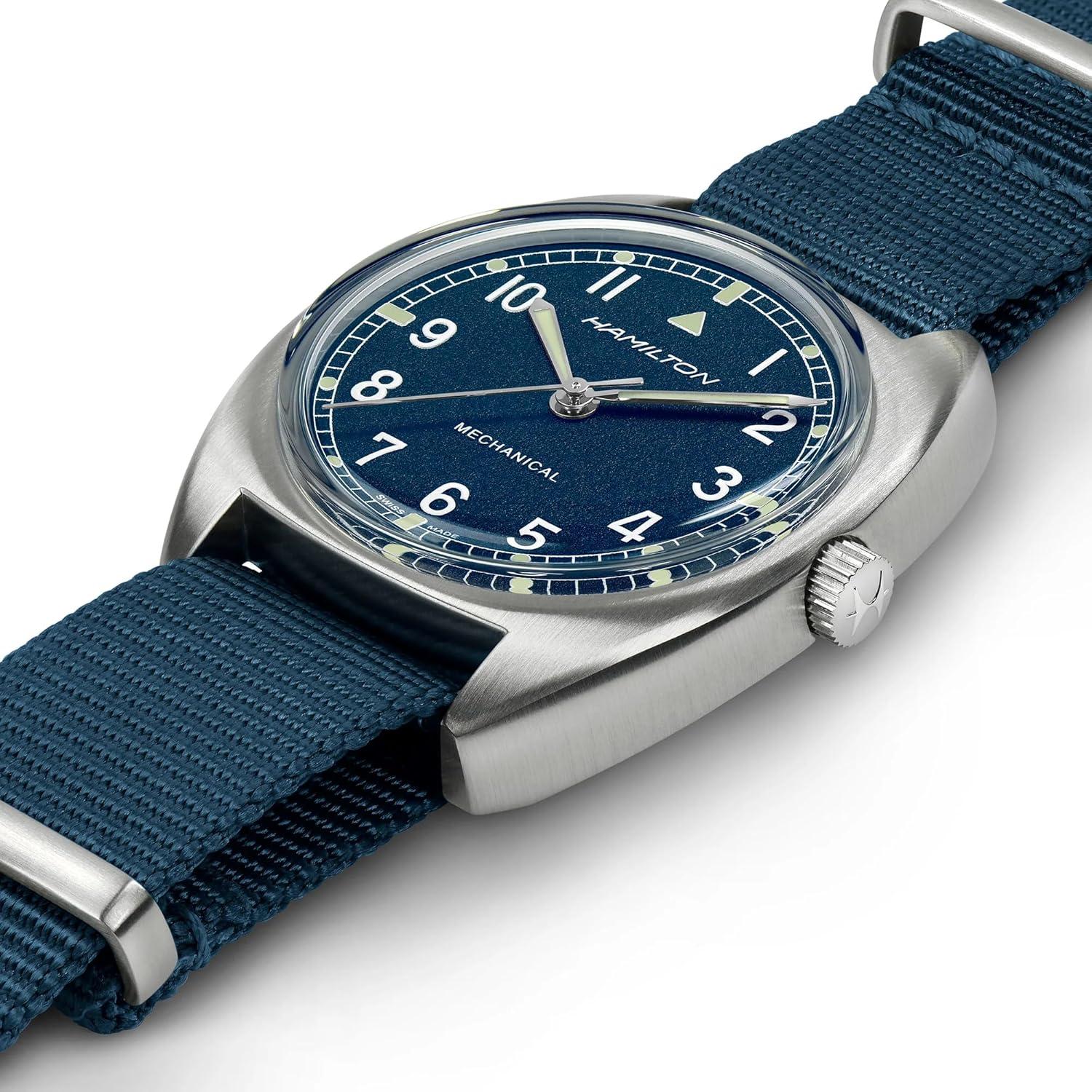 imageHamilton Khaki Aviation Pilot Mechanical Mens Watch 36mm x 33mm Stainless Steel Case Swiss Made Blue Dial Analog Wrist Watch for Men 100m Waterproof Mineral Crystal Textile Strap
