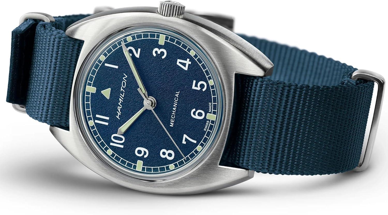 imageHamilton Khaki Aviation Pilot Mechanical Mens Watch 36mm x 33mm Stainless Steel Case Swiss Made Blue Dial Analog Wrist Watch for Men 100m Waterproof Mineral Crystal Textile Strap