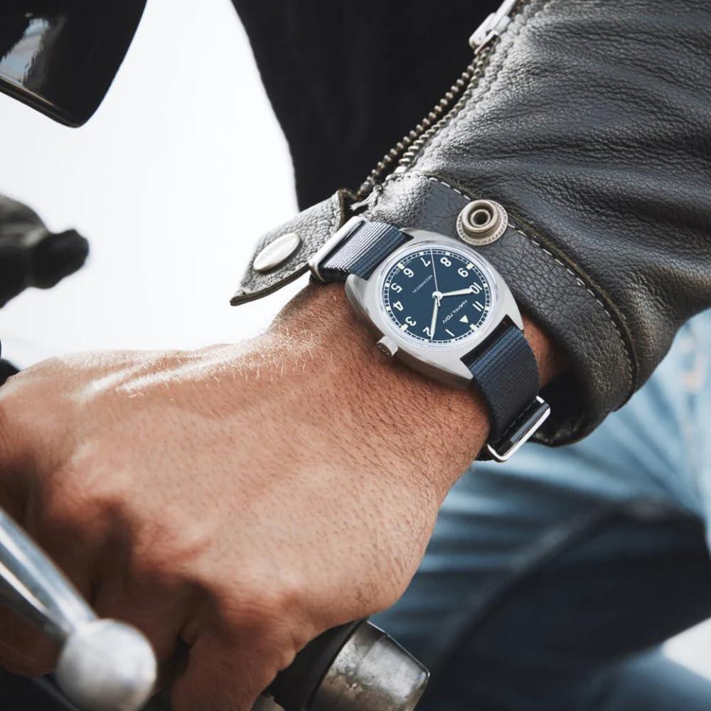 imageHamilton Khaki Aviation Pilot Mechanical Mens Watch 36mm x 33mm Stainless Steel Case Swiss Made Blue Dial Analog Wrist Watch for Men 100m Waterproof Mineral Crystal Textile Strap