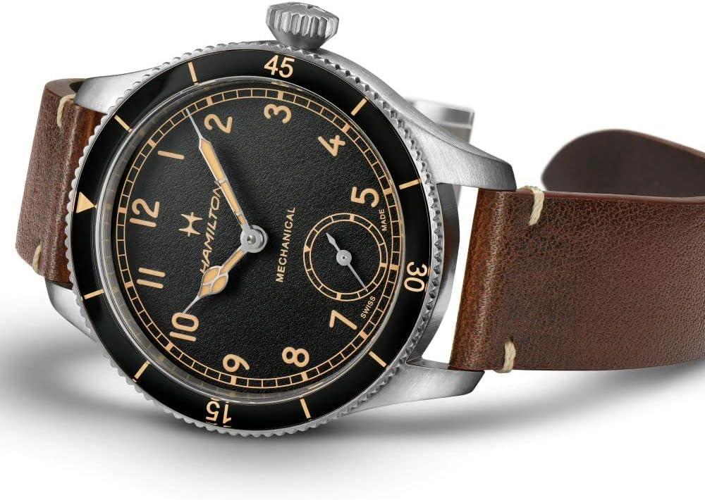imageHamilton Khaki Aviation Pilot Mechanical Mens Watch 43mm Stainless Steel Case Swiss Made Black Dial Analog Wrist Watch for Men 100m Waterproof Sapphire Crystal Calf Leather Strap