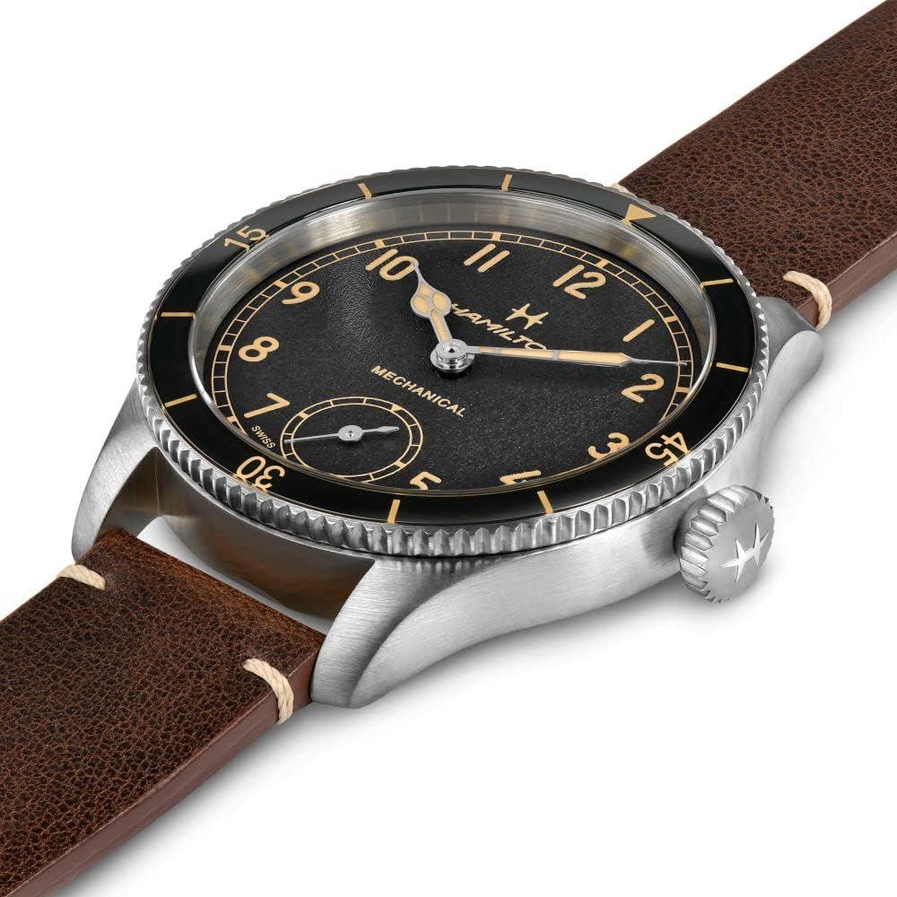 imageHamilton Khaki Aviation Pilot Mechanical Mens Watch 43mm Stainless Steel Case Swiss Made Black Dial Analog Wrist Watch for Men 100m Waterproof Sapphire Crystal Calf Leather Strap