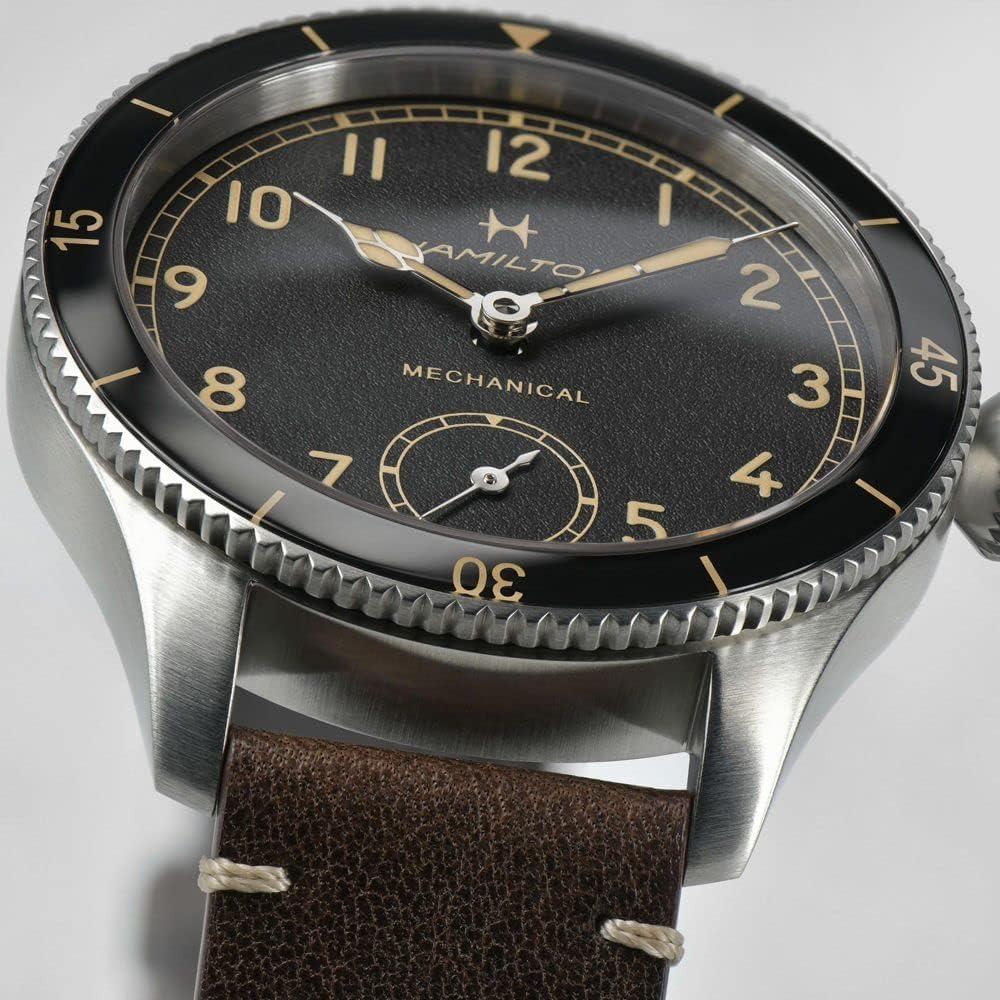 imageHamilton Khaki Aviation Pilot Mechanical Mens Watch 43mm Stainless Steel Case Swiss Made Black Dial Analog Wrist Watch for Men 100m Waterproof Sapphire Crystal Calf Leather Strap
