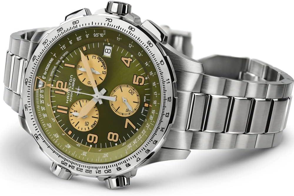 imageHamilton Khaki Aviation X Quartz Mens Watch 46mm Stainless Steel Case Swiss Made Green Dial Analog Wrist Watch for Men 100m Waterproof Sapphire Crystal Stainless Steel Strap