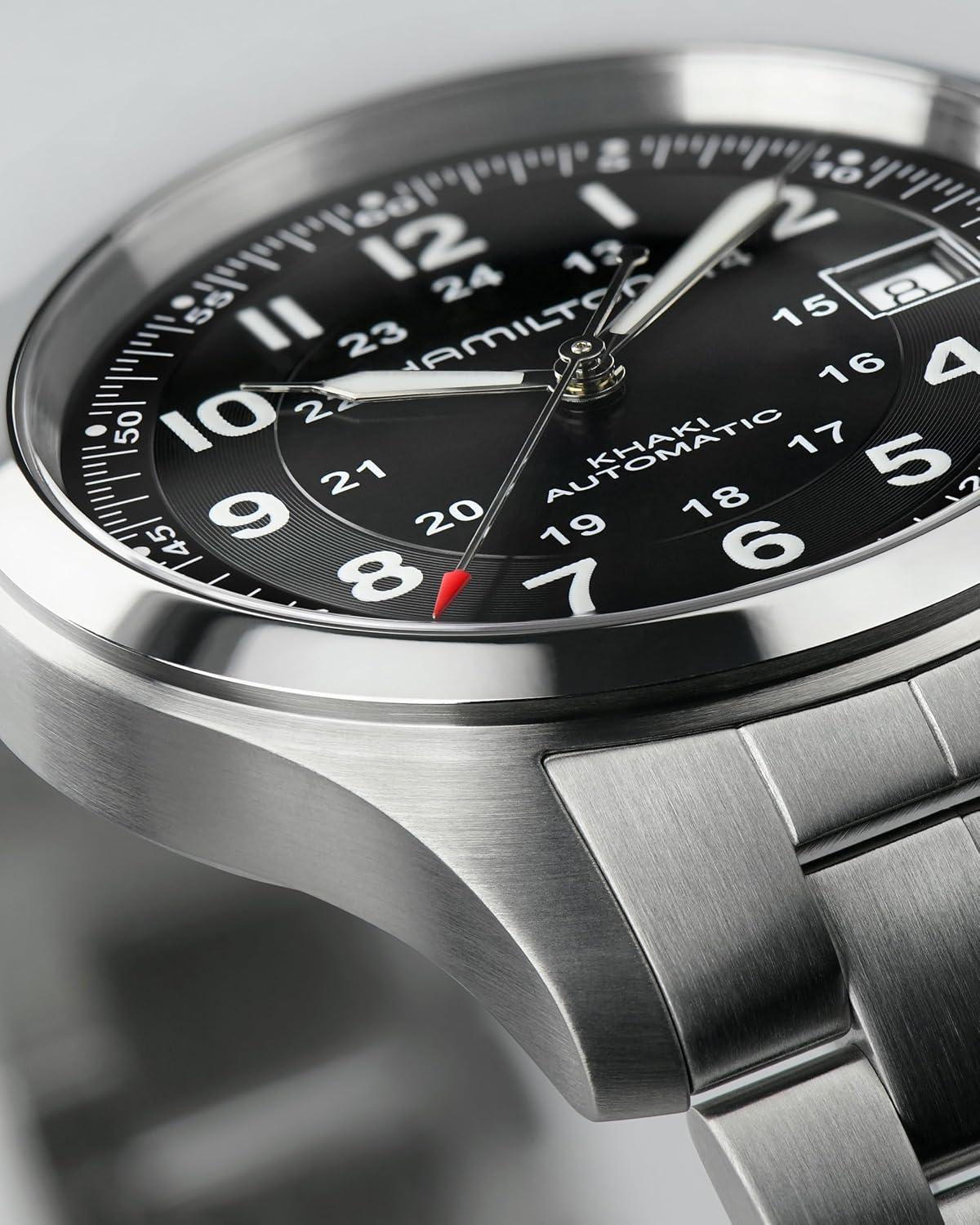 imageHamilton Khaki Field Automatic Mens Watch 38mm Stainless Steel Case Swiss Made Black Dial Analog Wrist Watch for Men 100m Waterproof Sapphire Crystal 3Hand Movement Stainless Steel Strap