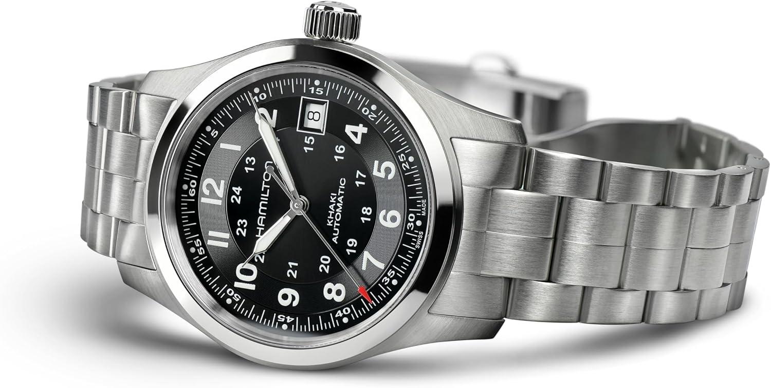imageHamilton Khaki Field Automatic Mens Watch 38mm Stainless Steel Case Swiss Made Black Dial Analog Wrist Watch for Men 100m Waterproof Sapphire Crystal 3Hand Movement Stainless Steel Strap