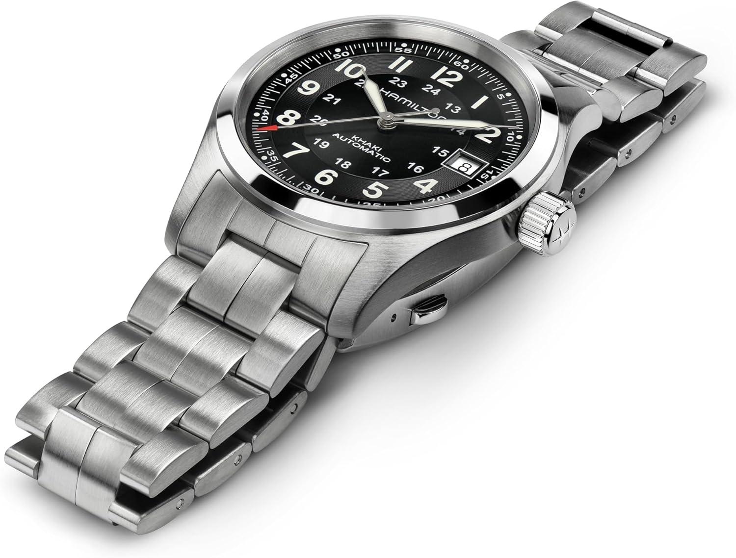 imageHamilton Khaki Field Automatic Mens Watch 38mm Stainless Steel Case Swiss Made Black Dial Analog Wrist Watch for Men 100m Waterproof Sapphire Crystal 3Hand Movement Stainless Steel Strap