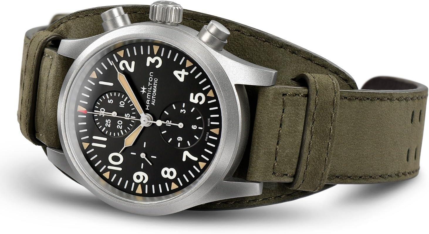 imageHamilton Khaki Field Automatic Mens Watch 44mm Stainless Steel Case Swiss Made Black Dial Analog Wrist Watch for Men 100m Waterproof Sapphire Crystal Calf Leather Strap