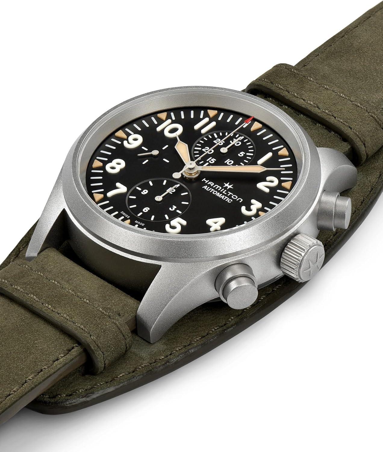 imageHamilton Khaki Field Automatic Mens Watch 44mm Stainless Steel Case Swiss Made Black Dial Analog Wrist Watch for Men 100m Waterproof Sapphire Crystal Calf Leather Strap