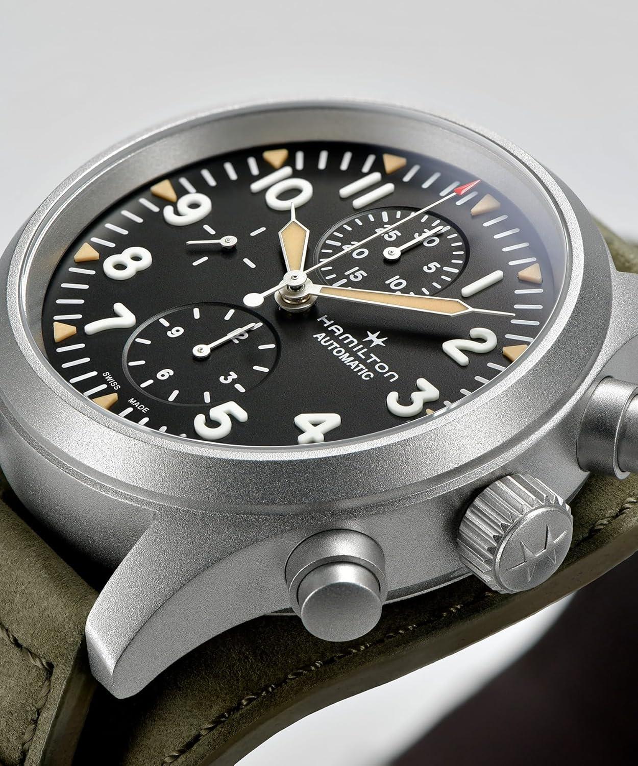 imageHamilton Khaki Field Automatic Mens Watch 44mm Stainless Steel Case Swiss Made Black Dial Analog Wrist Watch for Men 100m Waterproof Sapphire Crystal Calf Leather Strap