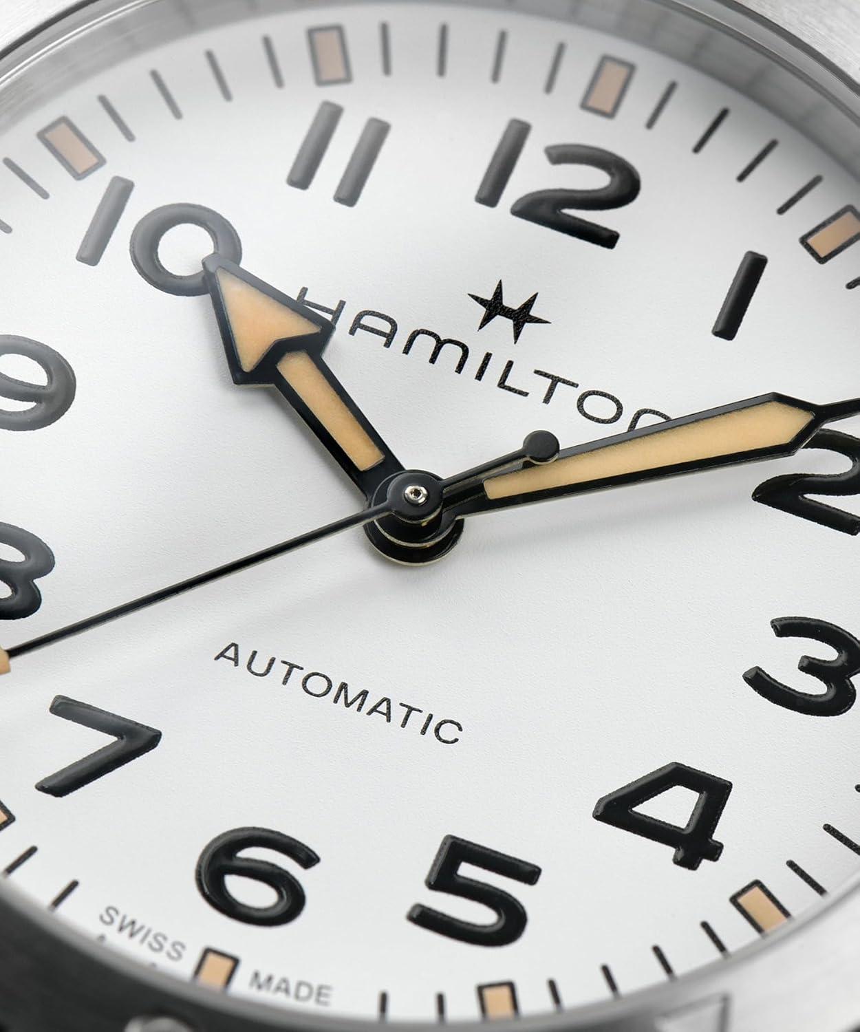 imageHamilton Khaki Field Expedition Automatic Mens Watch 37mm Stainless Steel Case Swiss Made White Dial Analog Wrist Watch 100m Waterproof Sapphire Crystal 3Hand Movement Cow Leather Strap