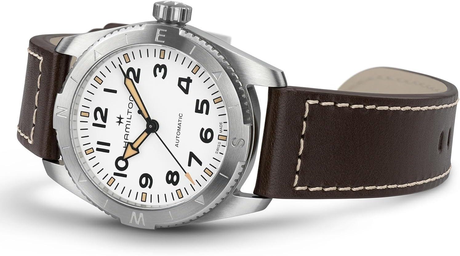 imageHamilton Khaki Field Expedition Automatic Mens Watch 37mm Stainless Steel Case Swiss Made White Dial Analog Wrist Watch 100m Waterproof Sapphire Crystal 3Hand Movement Cow Leather Strap
