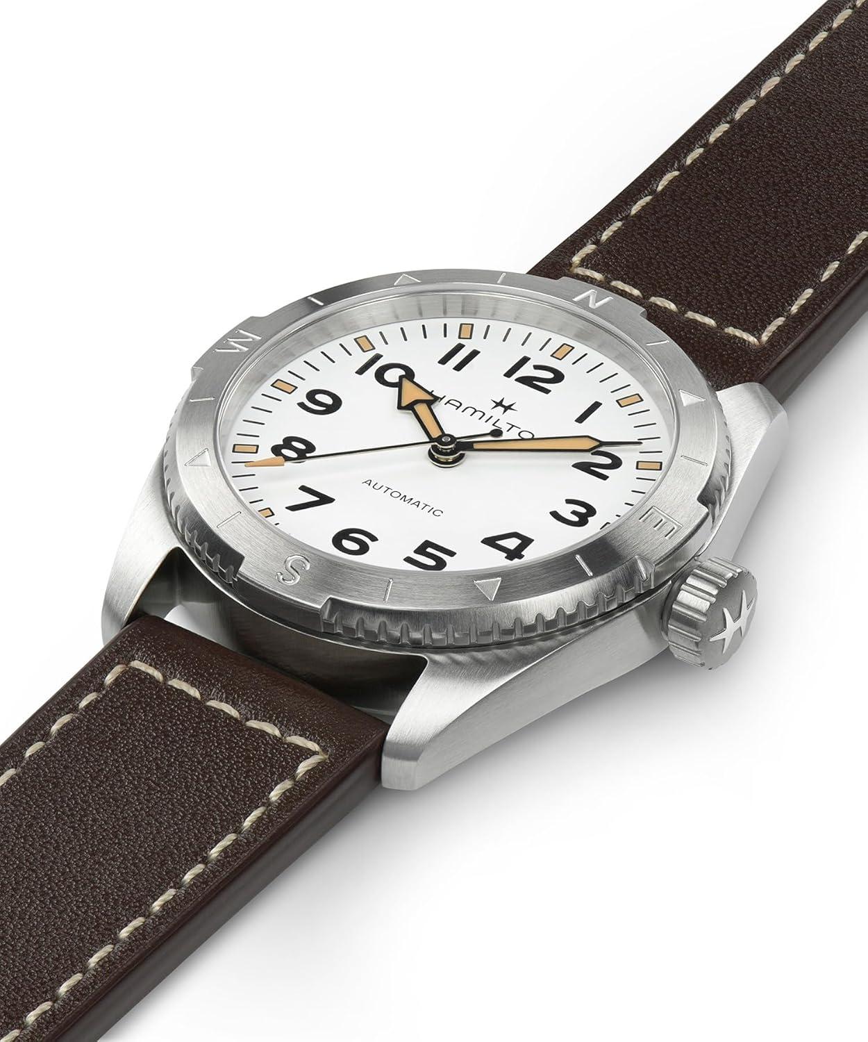 imageHamilton Khaki Field Expedition Automatic Mens Watch 37mm Stainless Steel Case Swiss Made White Dial Analog Wrist Watch 100m Waterproof Sapphire Crystal 3Hand Movement Cow Leather Strap