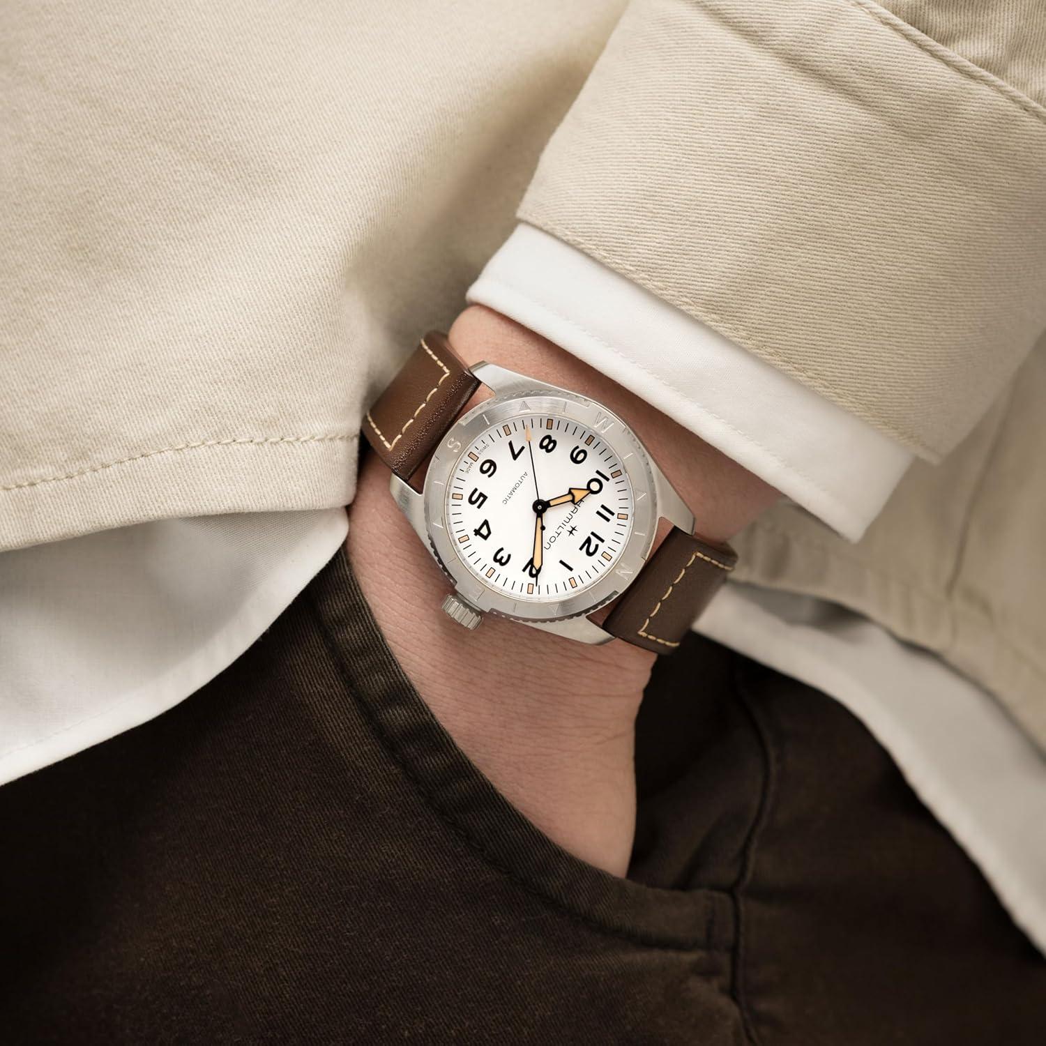 imageHamilton Khaki Field Expedition Automatic Mens Watch 41mm Stainless Steel Case Swiss Made White Dial Analog Wrist Watch 100m Waterproof Sapphire Crystal 3Hand Movement Cow Leather Strap