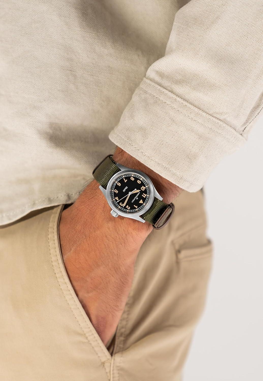imageHamilton Khaki Field Khaki Quartz Mens Watch 38mm Stainless Steel Case Swiss Made Black Dial Analog Wrist Watch for Men 50m Waterproof Sapphire Crystal Textile Strap