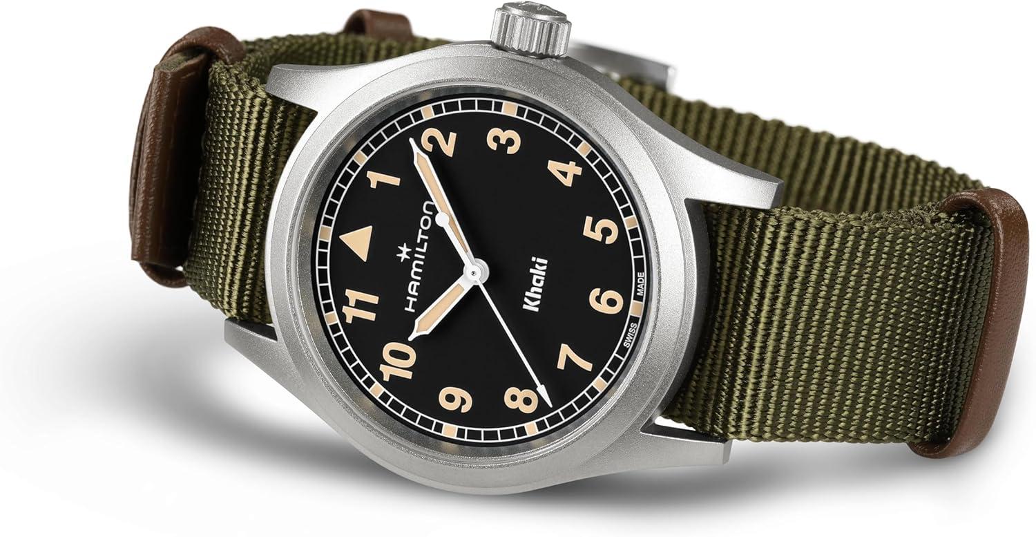 imageHamilton Khaki Field Khaki Quartz Mens Watch 38mm Stainless Steel Case Swiss Made Black Dial Analog Wrist Watch for Men 50m Waterproof Sapphire Crystal Textile Strap