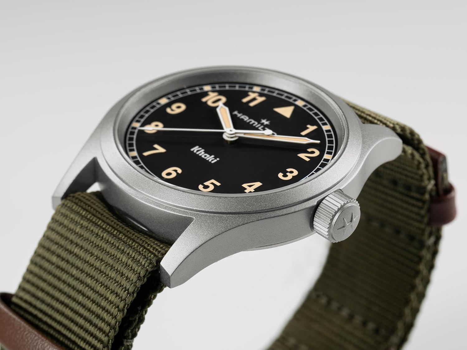 imageHamilton Khaki Field Khaki Quartz Mens Watch 38mm Stainless Steel Case Swiss Made Black Dial Analog Wrist Watch for Men 50m Waterproof Sapphire Crystal Textile Strap