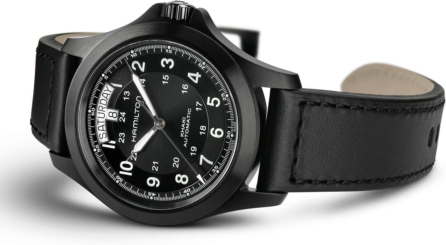 imageHamilton Khaki Field King Automatic Mens Watch 40mm Stainless Steel Case Swiss Made Black Dial Analog Wrist Watch for Men 50m Waterproof Sapphire Crystal Calf Leather Strap