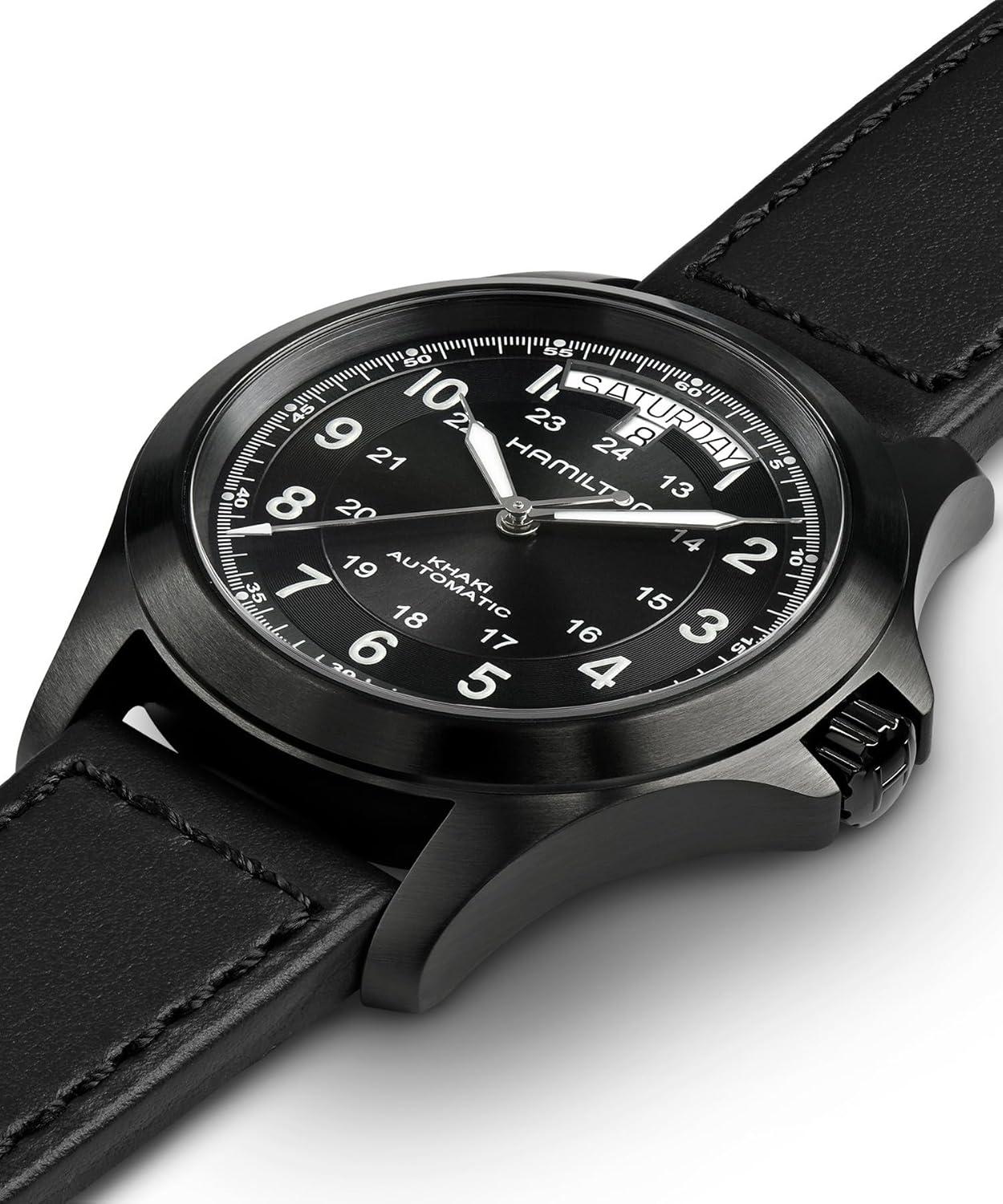 imageHamilton Khaki Field King Automatic Mens Watch 40mm Stainless Steel Case Swiss Made Black Dial Analog Wrist Watch for Men 50m Waterproof Sapphire Crystal Calf Leather Strap
