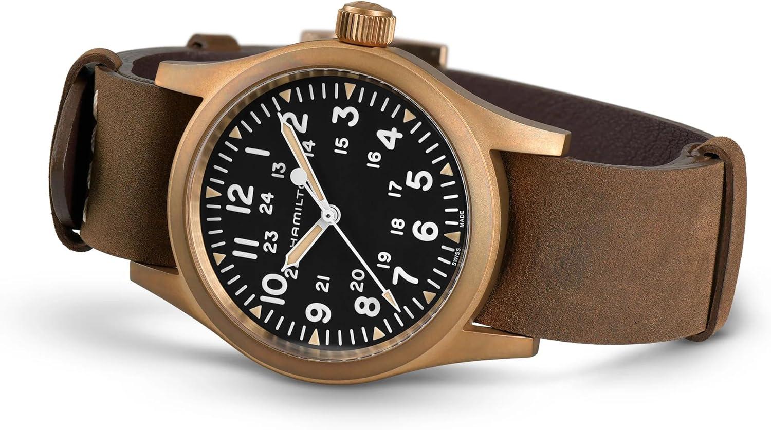 imageHamilton Khaki Field Mechanical Mens Watch 38mm Bronze and Titanium Case Swiss Made Black Dial Analog Wrist Watch for Men 50m Waterproof Sapphire Crystal Cow Leather Strap