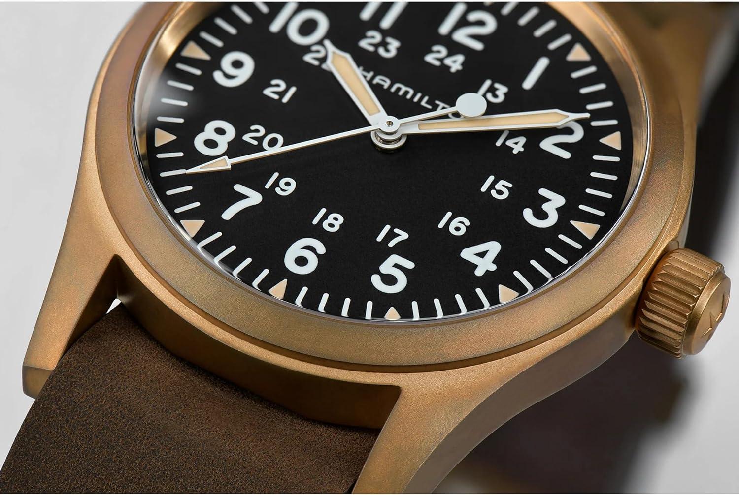 imageHamilton Khaki Field Mechanical Mens Watch 38mm Bronze and Titanium Case Swiss Made Black Dial Analog Wrist Watch for Men 50m Waterproof Sapphire Crystal Cow Leather Strap