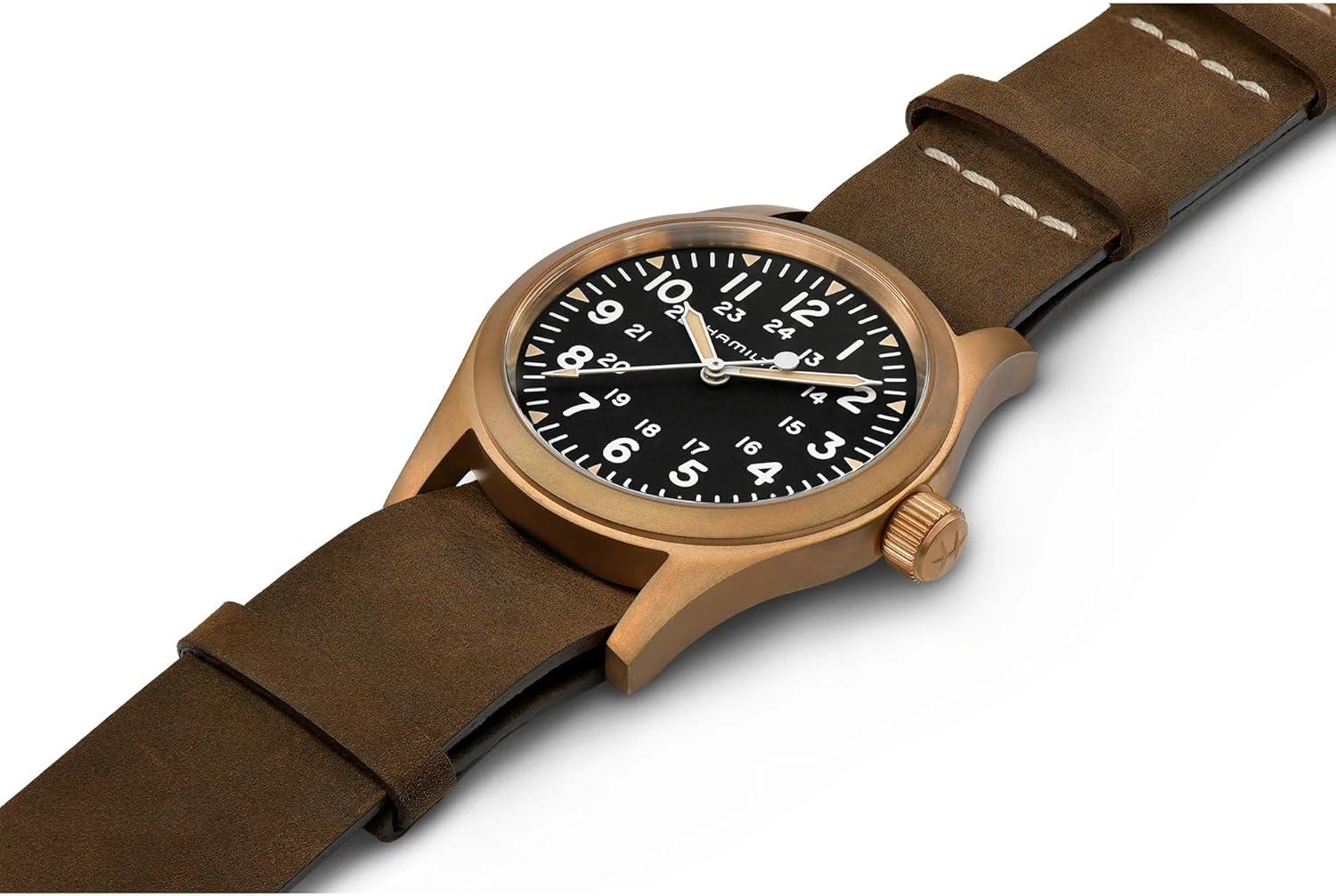 imageHamilton Khaki Field Mechanical Mens Watch 38mm Bronze and Titanium Case Swiss Made Black Dial Analog Wrist Watch for Men 50m Waterproof Sapphire Crystal Cow Leather Strap