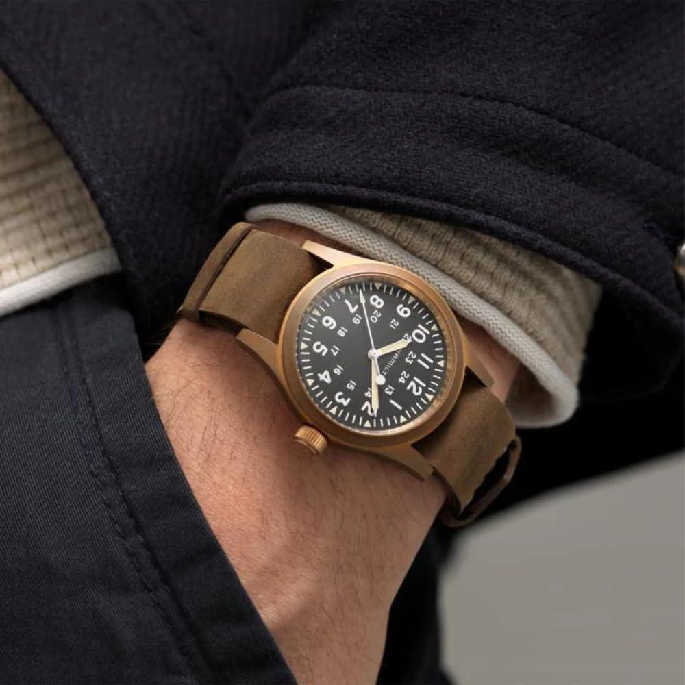 imageHamilton Khaki Field Mechanical Mens Watch 38mm Bronze and Titanium Case Swiss Made Black Dial Analog Wrist Watch for Men 50m Waterproof Sapphire Crystal Cow Leather Strap