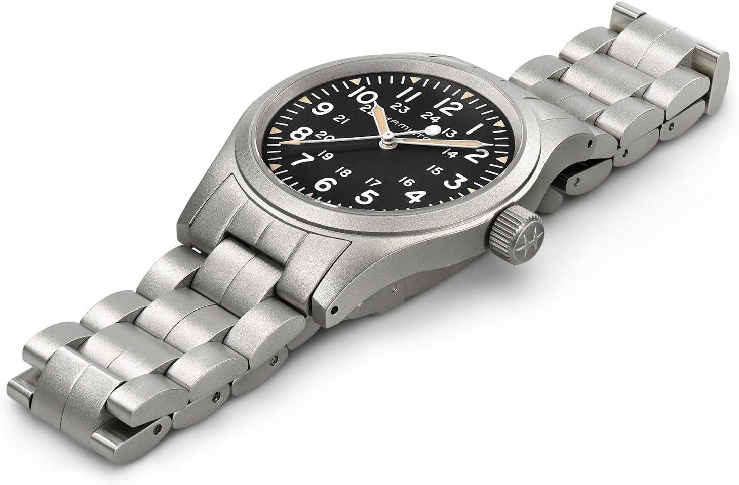 imageHamilton Khaki Field Mechanical Mens Watch 38mm Stainless Steel Case Swiss Made Black Dial Analog Wrist Watch for Men 50m Waterproof Sapphire Crystal Stainless Steel Strap