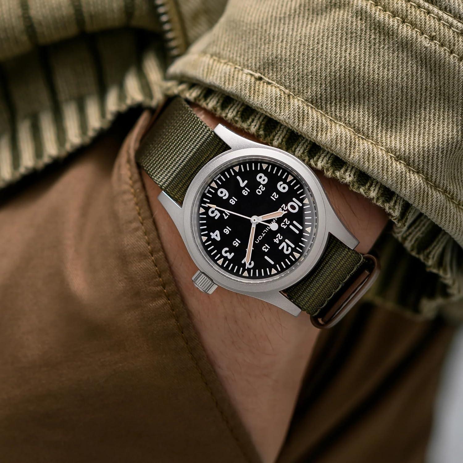 imageHamilton Khaki Field Mechanical Mens Watch 38mm Stainless Steel Case Swiss Made Black Dial Analog Wrist Watch for Men 50m Waterproof Sapphire Crystal Textile Strap