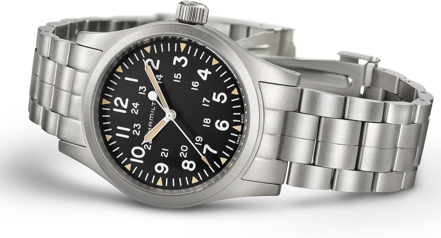 imageHamilton Khaki Field Mechanical Mens Watch 38mm Stainless Steel Case Swiss Made Black Dial Analog Wrist Watch for Men 50m Waterproof Sapphire Crystal Stainless Steel Strap