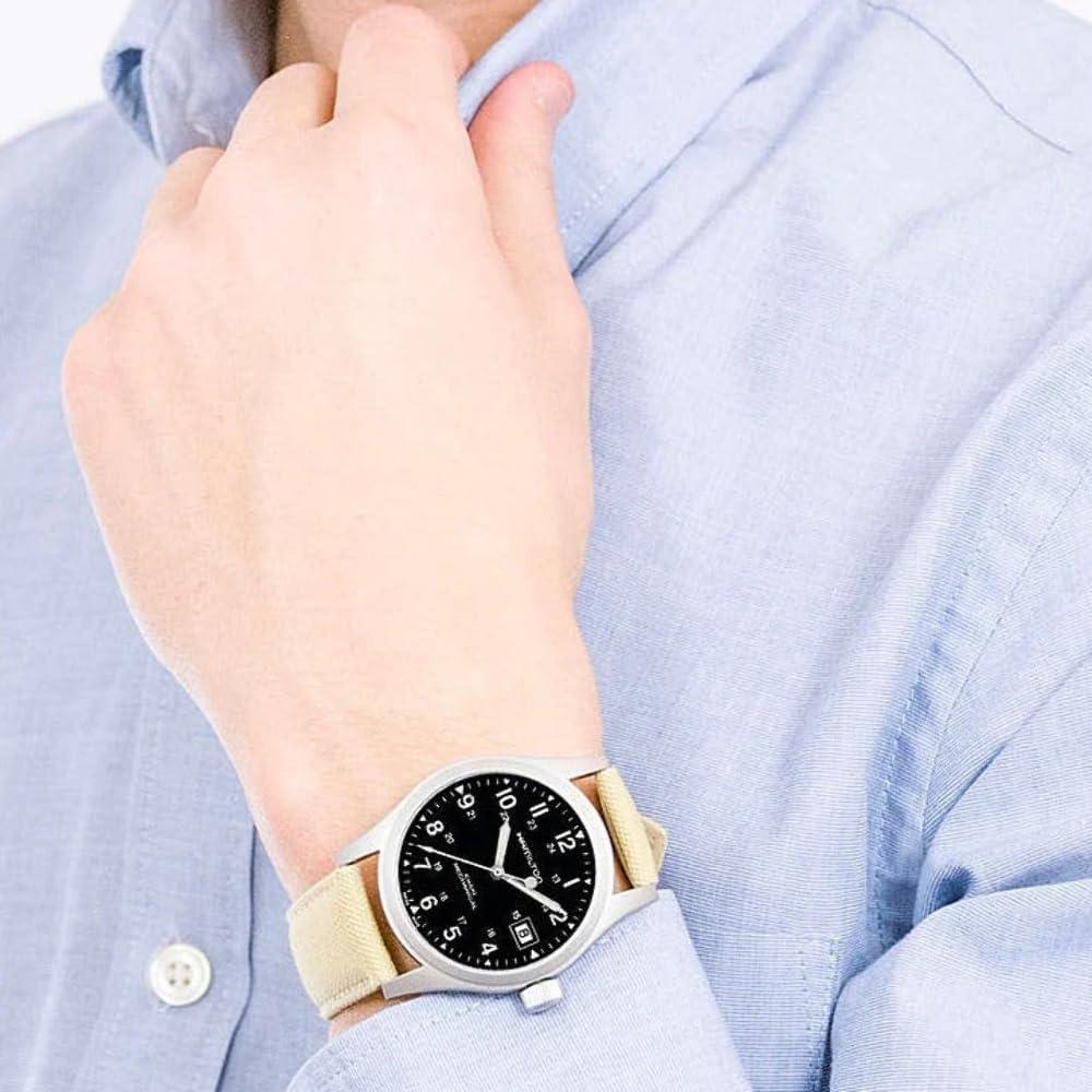imageHamilton Khaki Field Mechanical Mens Watch 38mm Stainless Steel Case Swiss Made Black Dial Analog Wrist Watch for Men 50m Waterproof Sapphire Crystal Canvas Strap