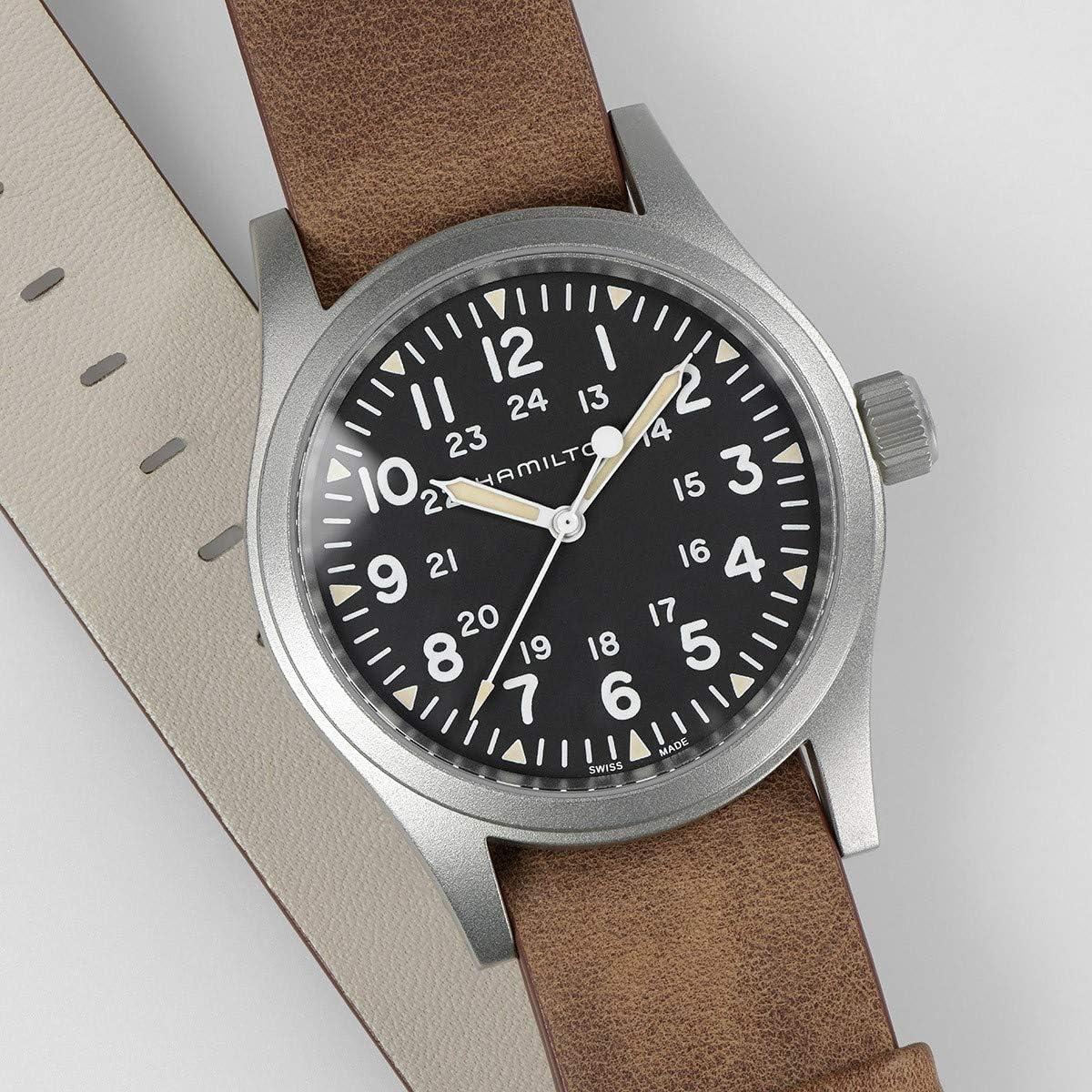 imageHamilton Khaki Field Mechanical Mens Watch 38mm Stainless Steel Case Swiss Made Black Dial Analog Wrist Watch for Men 50m Waterproof Sapphire Crystal Cow Leather Strap