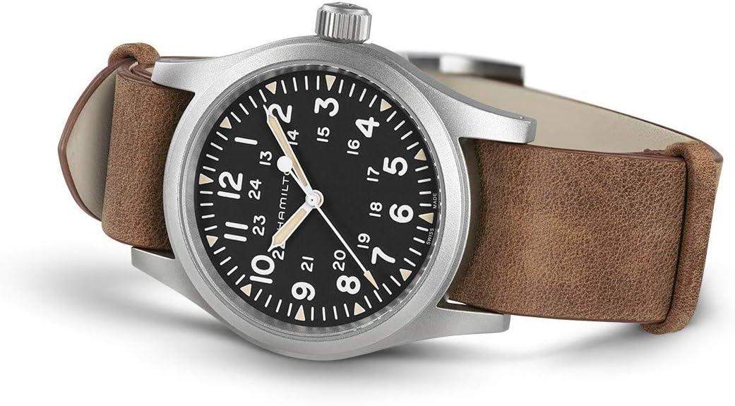 imageHamilton Khaki Field Mechanical Mens Watch 38mm Stainless Steel Case Swiss Made Black Dial Analog Wrist Watch for Men 50m Waterproof Sapphire Crystal Cow Leather Strap