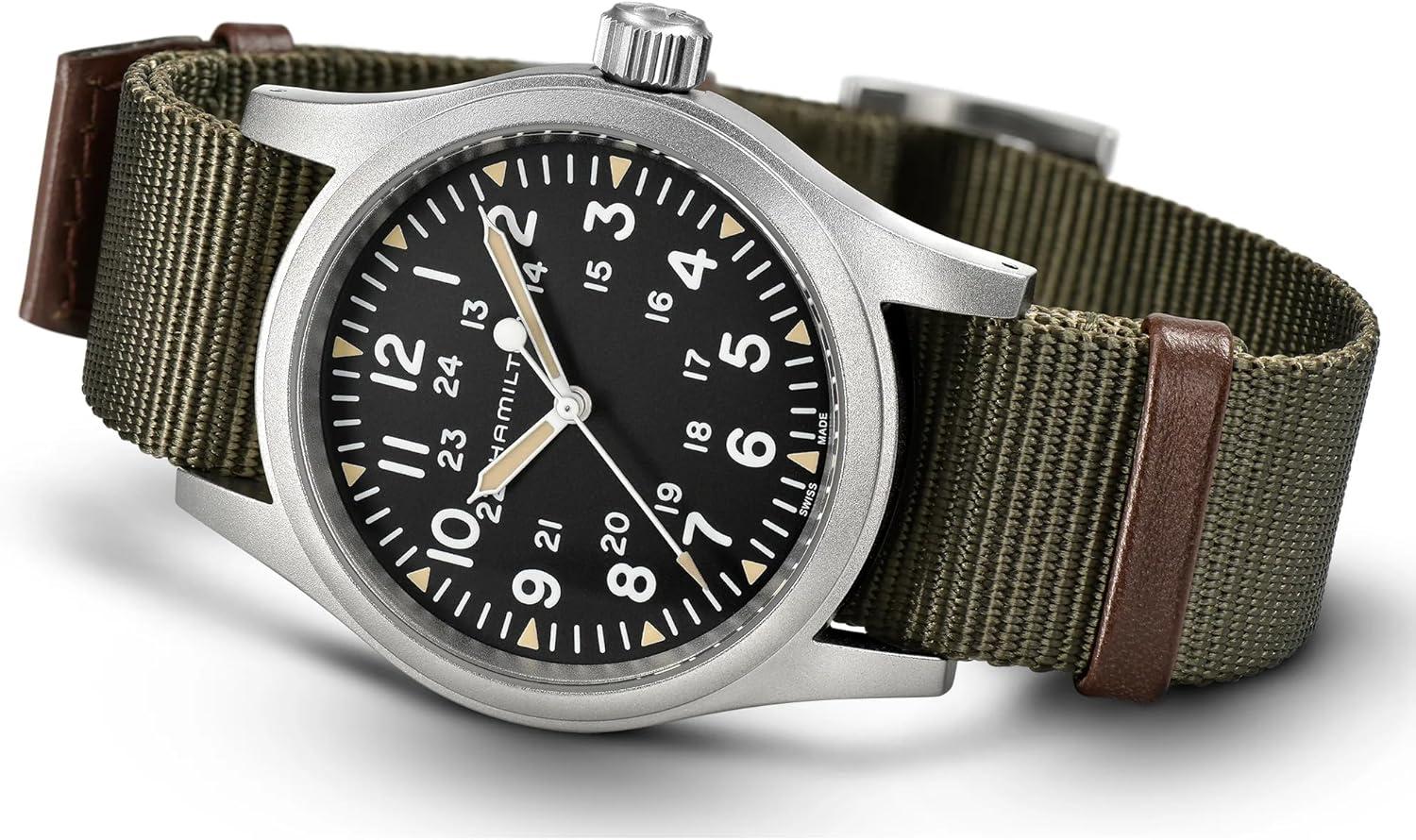 imageHamilton Khaki Field Mechanical Mens Watch 38mm Stainless Steel Case Swiss Made Black Dial Analog Wrist Watch for Men 50m Waterproof Sapphire Crystal Textile Strap