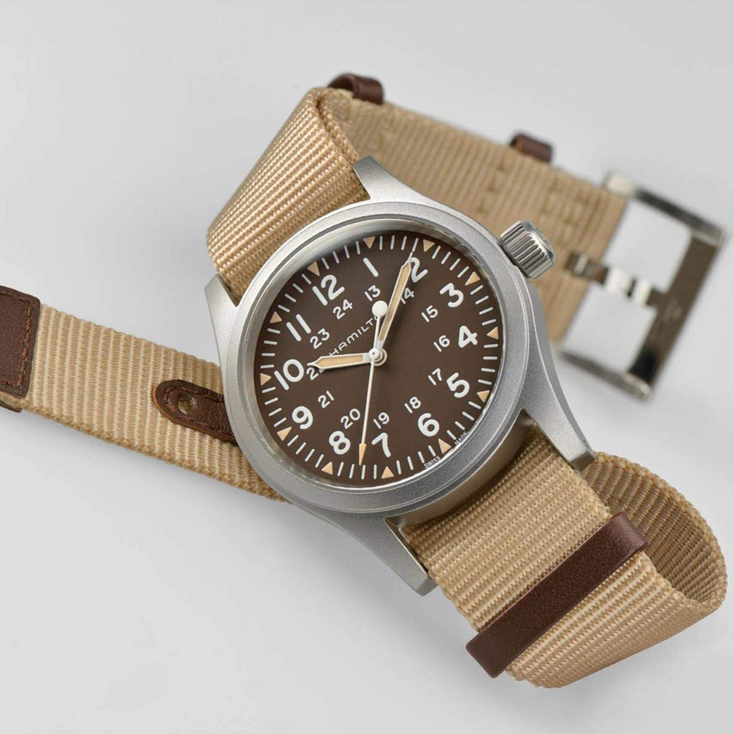 imageHamilton Khaki Field Mechanical Mens Watch 38mm Stainless Steel Case Swiss Made Brown Dial Analog Wrist Watch for Men 50m Waterproof Sapphire Crystal Textile Strap