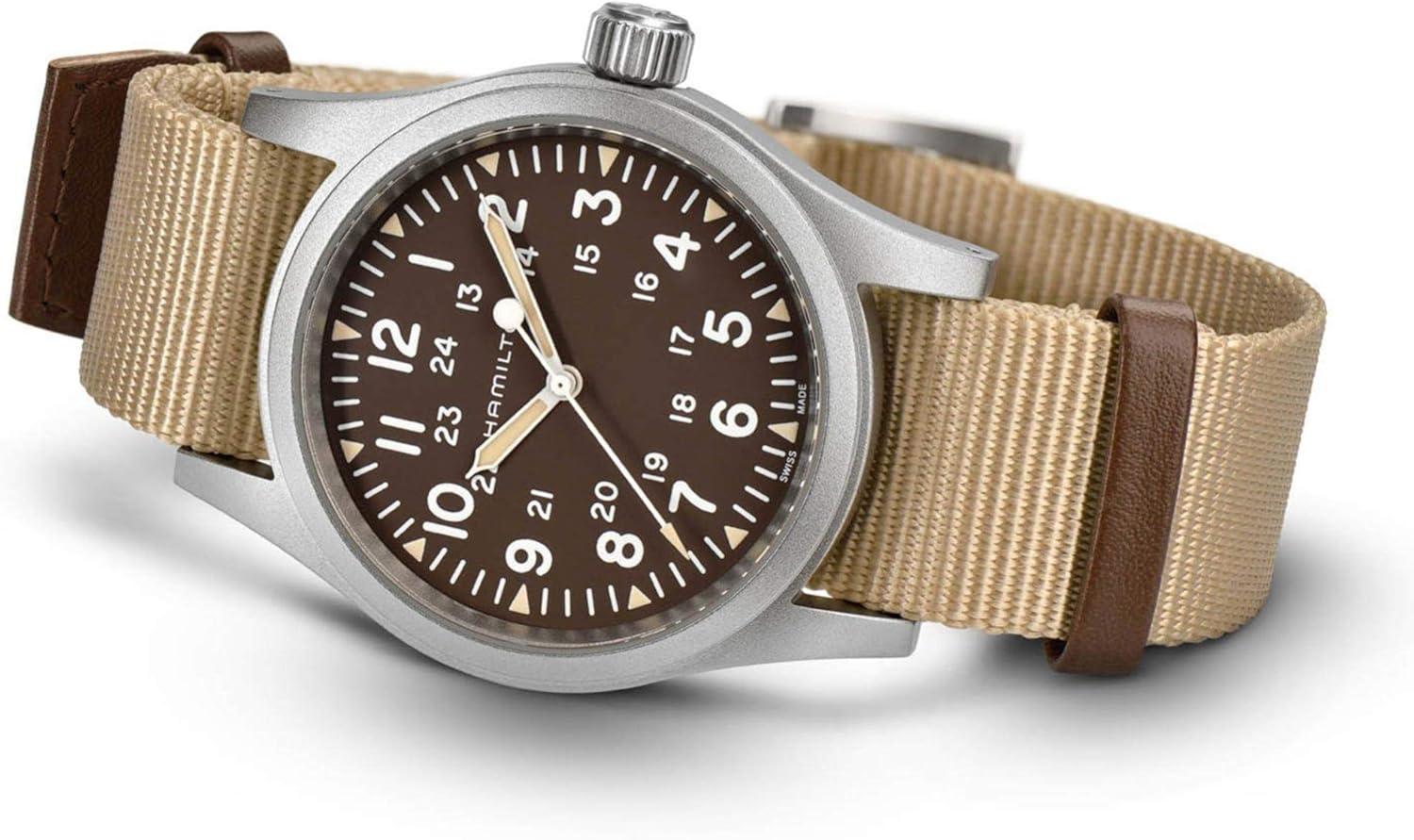imageHamilton Khaki Field Mechanical Mens Watch 38mm Stainless Steel Case Swiss Made Brown Dial Analog Wrist Watch for Men 50m Waterproof Sapphire Crystal Textile Strap