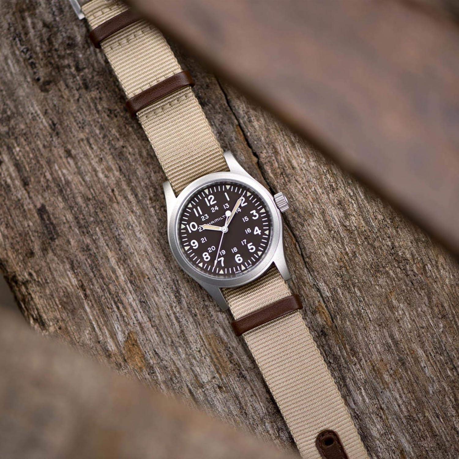 imageHamilton Khaki Field Mechanical Mens Watch 38mm Stainless Steel Case Swiss Made Brown Dial Analog Wrist Watch for Men 50m Waterproof Sapphire Crystal Textile Strap