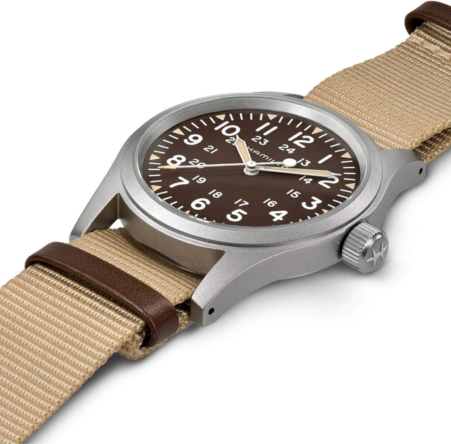 imageHamilton Khaki Field Mechanical Mens Watch 38mm Stainless Steel Case Swiss Made Brown Dial Analog Wrist Watch for Men 50m Waterproof Sapphire Crystal Textile Strap