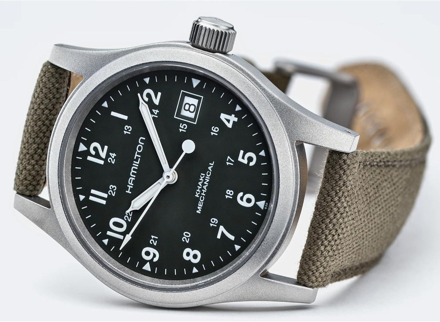 imageHamilton Khaki Field Mechanical Mens Watch 38mm Stainless Steel Case Swiss Made Green Dial Analog Wrist Watch for Men 50m Waterproof Sapphire Crystal Canvas Strap