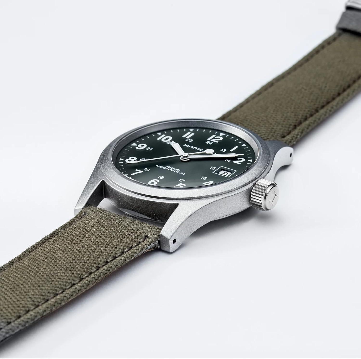 imageHamilton Khaki Field Mechanical Mens Watch 38mm Stainless Steel Case Swiss Made Green Dial Analog Wrist Watch for Men 50m Waterproof Sapphire Crystal Canvas Strap