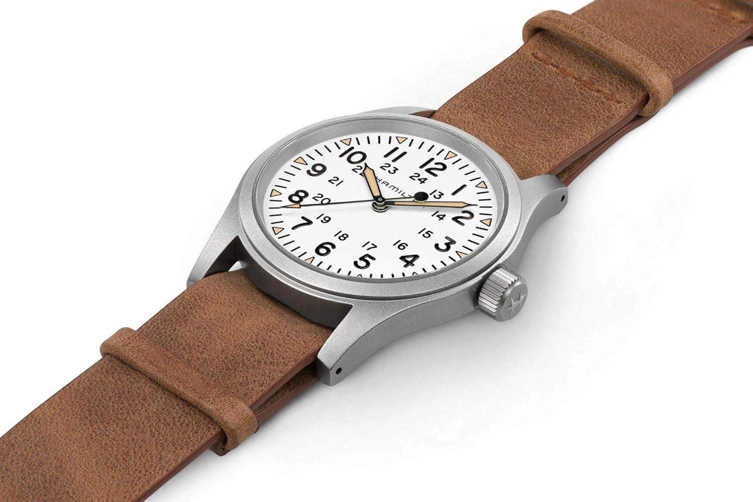 imageHamilton Khaki Field Mechanical Mens Watch 38mm Stainless Steel Case Swiss Made White Dial Analog Wrist Watch for Men 50m Waterproof Sapphire Crystal Cow Leather Strap