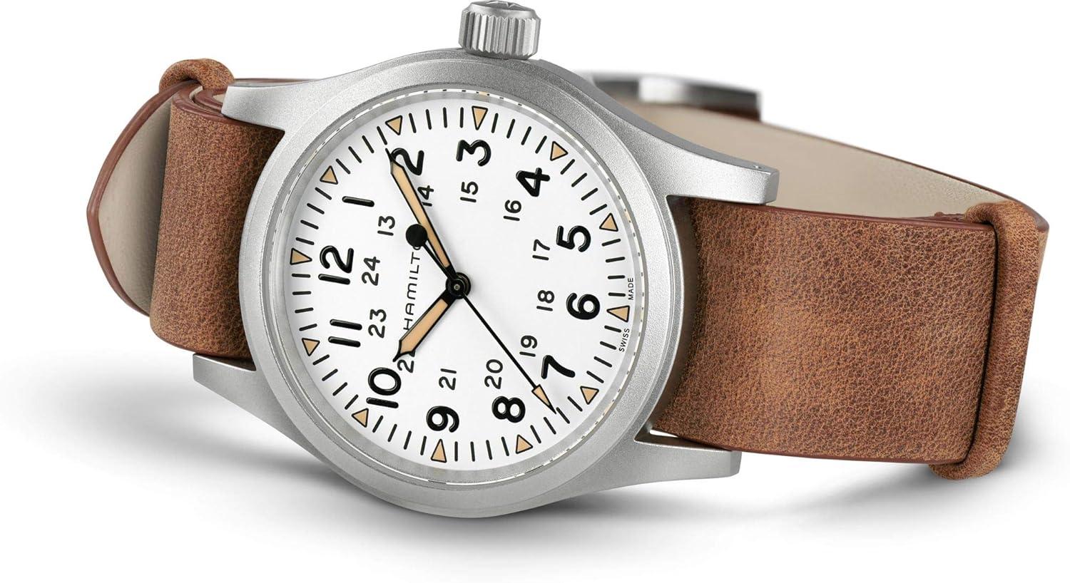 imageHamilton Khaki Field Mechanical Mens Watch 38mm Stainless Steel Case Swiss Made White Dial Analog Wrist Watch for Men 50m Waterproof Sapphire Crystal Cow Leather Strap