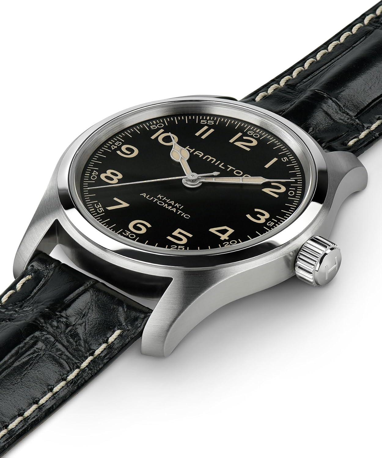 imageHamilton Khaki Field Murph Automatic Mens Watch 42mm Stainless Steel Case Swiss Made Black Dial Analog Wrist Watch for Men 100m Waterproof Sapphire Crystal Cow Leather Strap