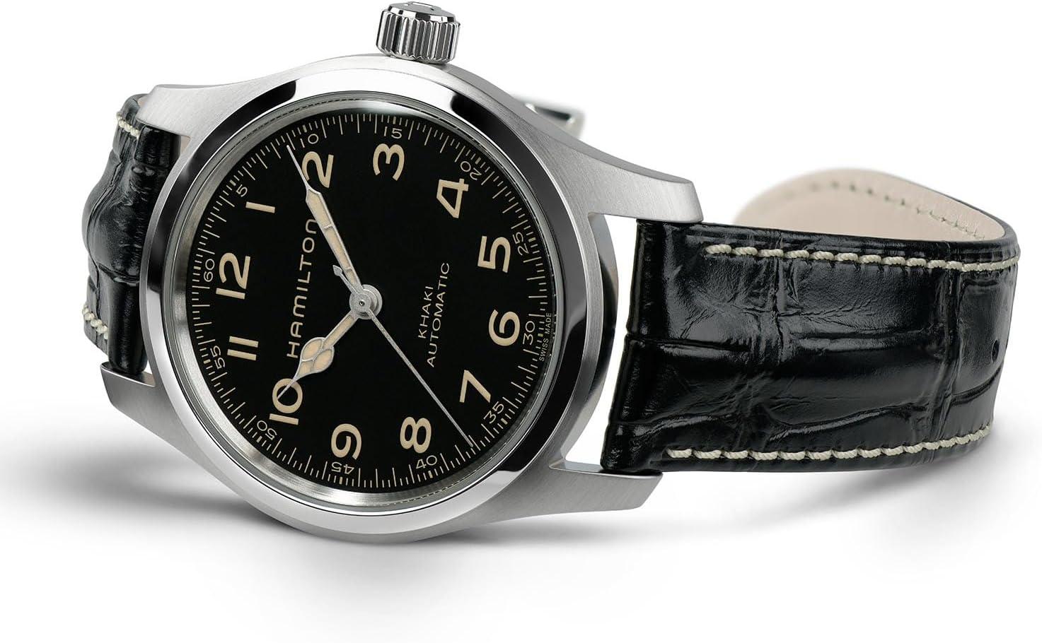 imageHamilton Khaki Field Murph Automatic Mens Watch 42mm Stainless Steel Case Swiss Made Black Dial Analog Wrist Watch for Men 100m Waterproof Sapphire Crystal Cow Leather Strap