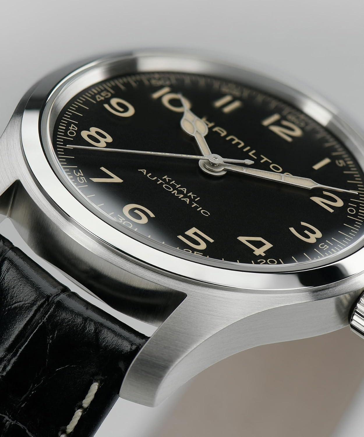 imageHamilton Khaki Field Murph Automatic Mens Watch 42mm Stainless Steel Case Swiss Made Black Dial Analog Wrist Watch for Men 100m Waterproof Sapphire Crystal Cow Leather Strap