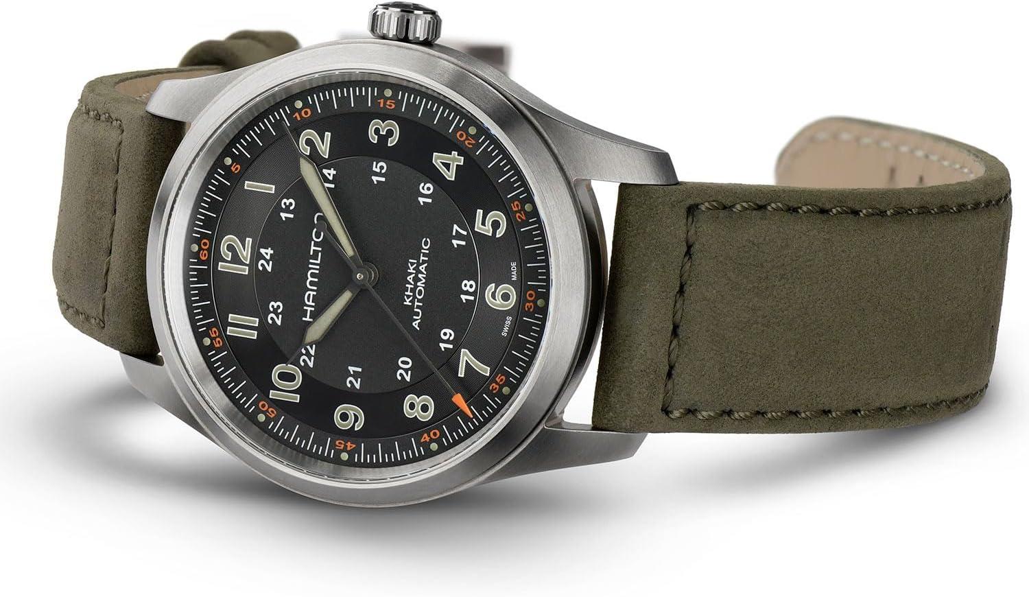 imageHamilton Khaki Field Titanium Automatic Mens Watch 38mm Titanium Case Swiss Made Black Dial Analog Wrist Watch for Men 100m Waterproof Sapphire Crystal 3Hand Movement Cow Leather Strap