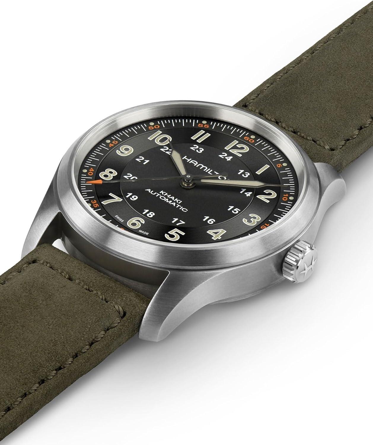imageHamilton Khaki Field Titanium Automatic Mens Watch 38mm Titanium Case Swiss Made Black Dial Analog Wrist Watch for Men 100m Waterproof Sapphire Crystal 3Hand Movement Cow Leather Strap