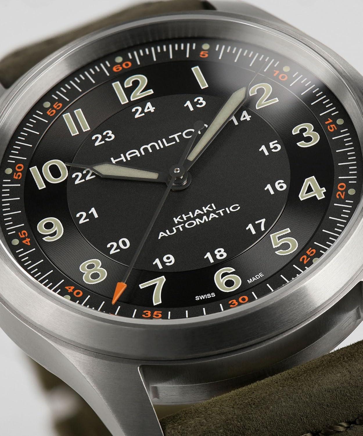 imageHamilton Khaki Field Titanium Automatic Mens Watch 38mm Titanium Case Swiss Made Black Dial Analog Wrist Watch for Men 100m Waterproof Sapphire Crystal 3Hand Movement Cow Leather Strap