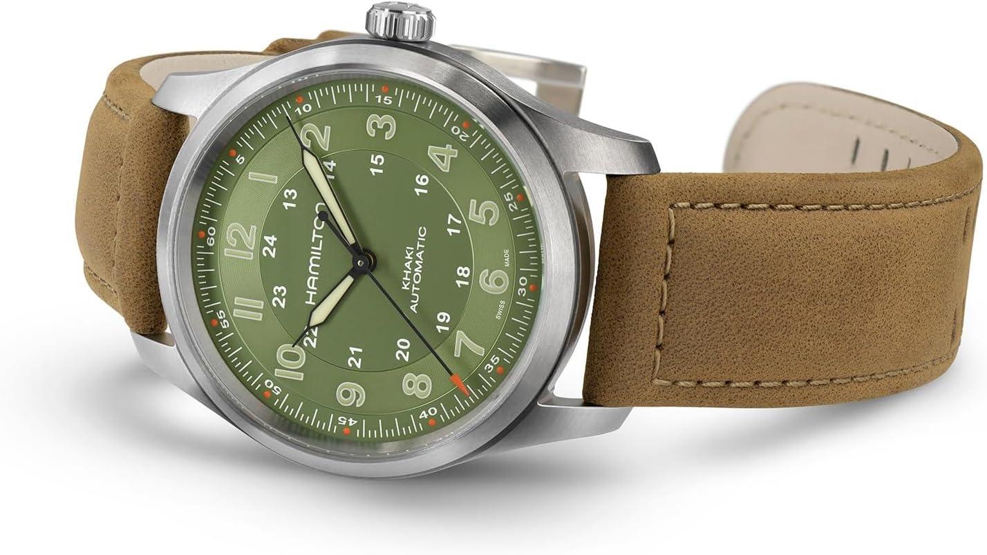 imageHamilton Khaki Field Titanium Automatic Mens Watch 38mm Titanium Case Swiss Made Green Dial Analog Wrist Watch for Men 100m Waterproof Sapphire Crystal 3Hand Movement Cow Leather Strap